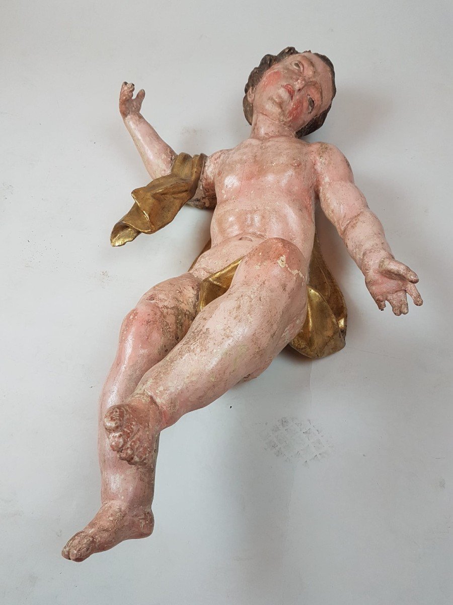 2 Cherubs In Gilded And Polychromed Wood, 17th-photo-2