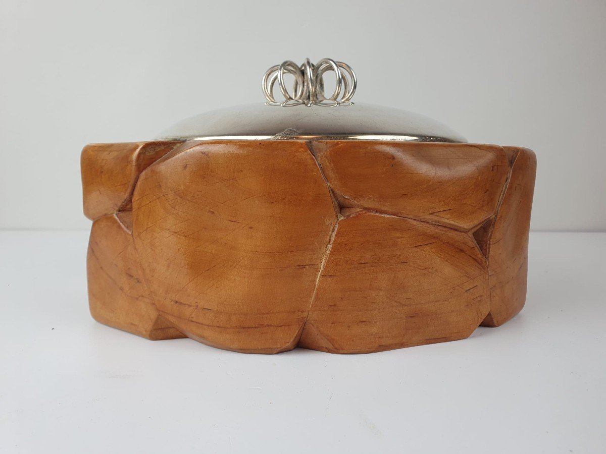 Biscuit Box In Olive Wood And Silver Metal, Marked Italy A. Tuna-photo-3