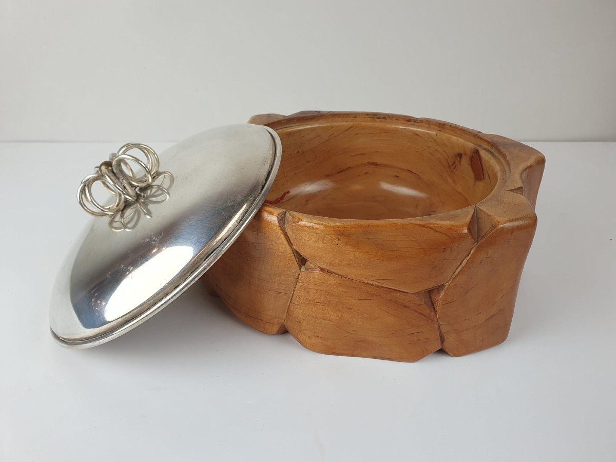 Biscuit Box In Olive Wood And Silver Metal, Marked Italy A. Tuna-photo-3