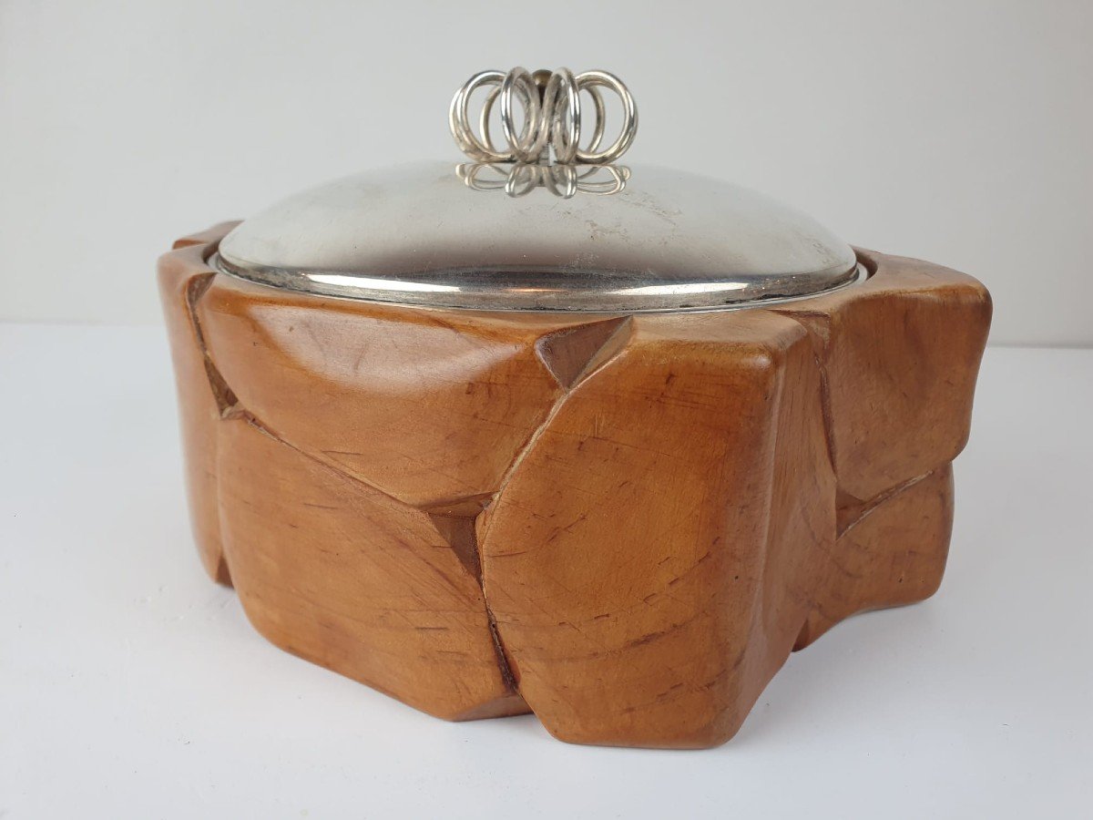 Biscuit Box In Olive Wood And Silver Metal, Marked Italy A. Tuna-photo-4
