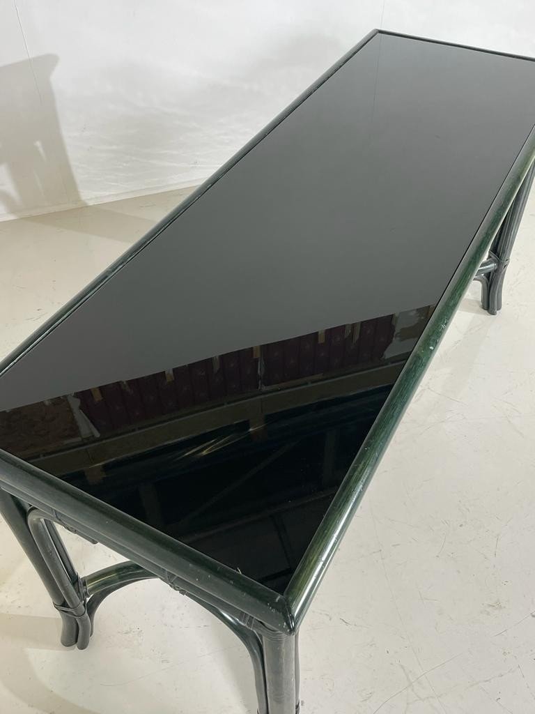 Console Façon Bambou En Bois Laqué Vert Et Tablette De Verre Noire-photo-2