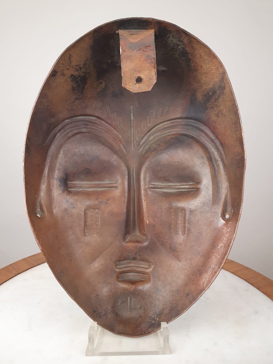 African Copper Mask Signed-photo-2