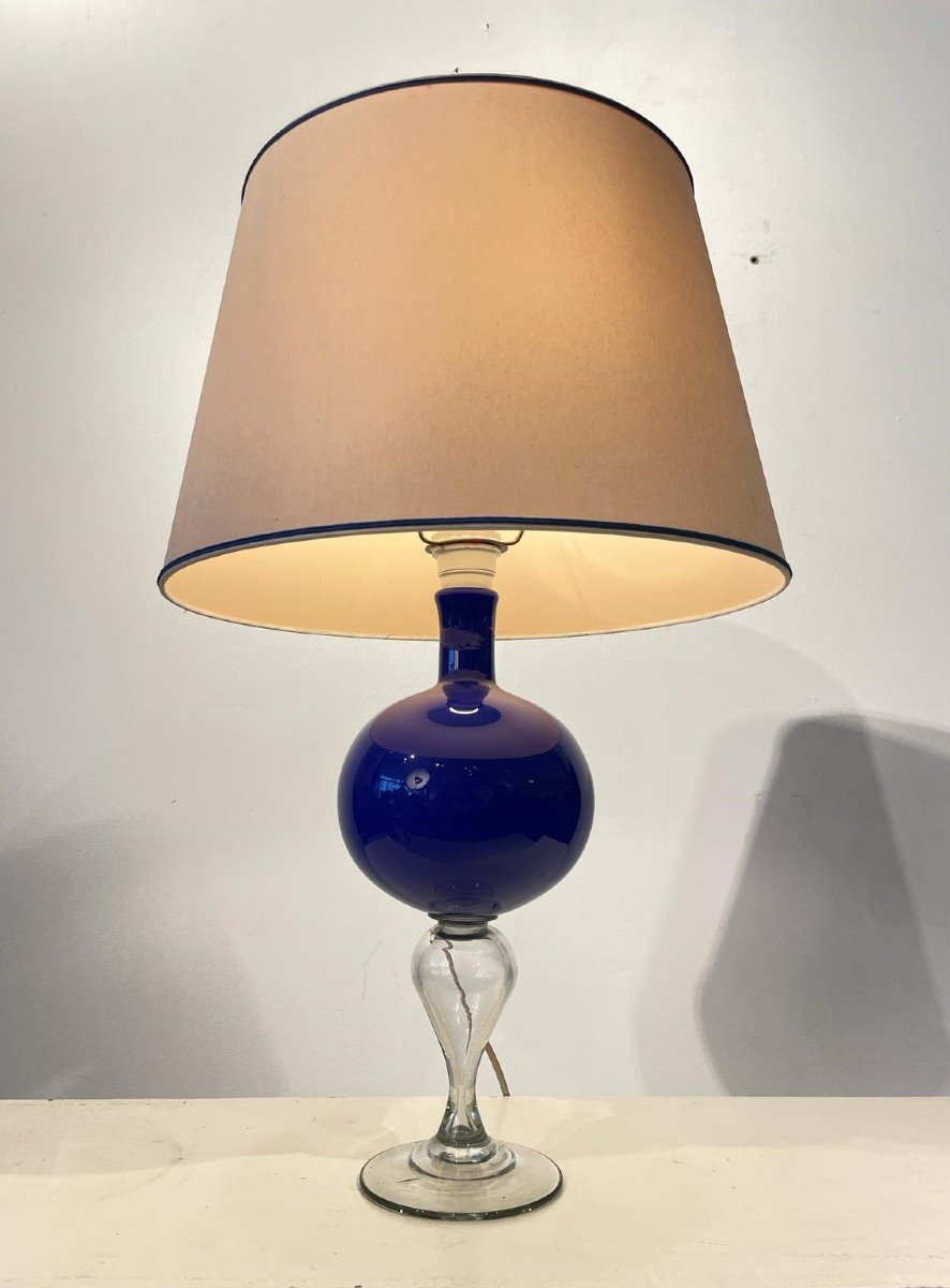 Lampe En Verre De Murano Bleu Et Pied  En Verre Blanc Translucide vers 1960-photo-2