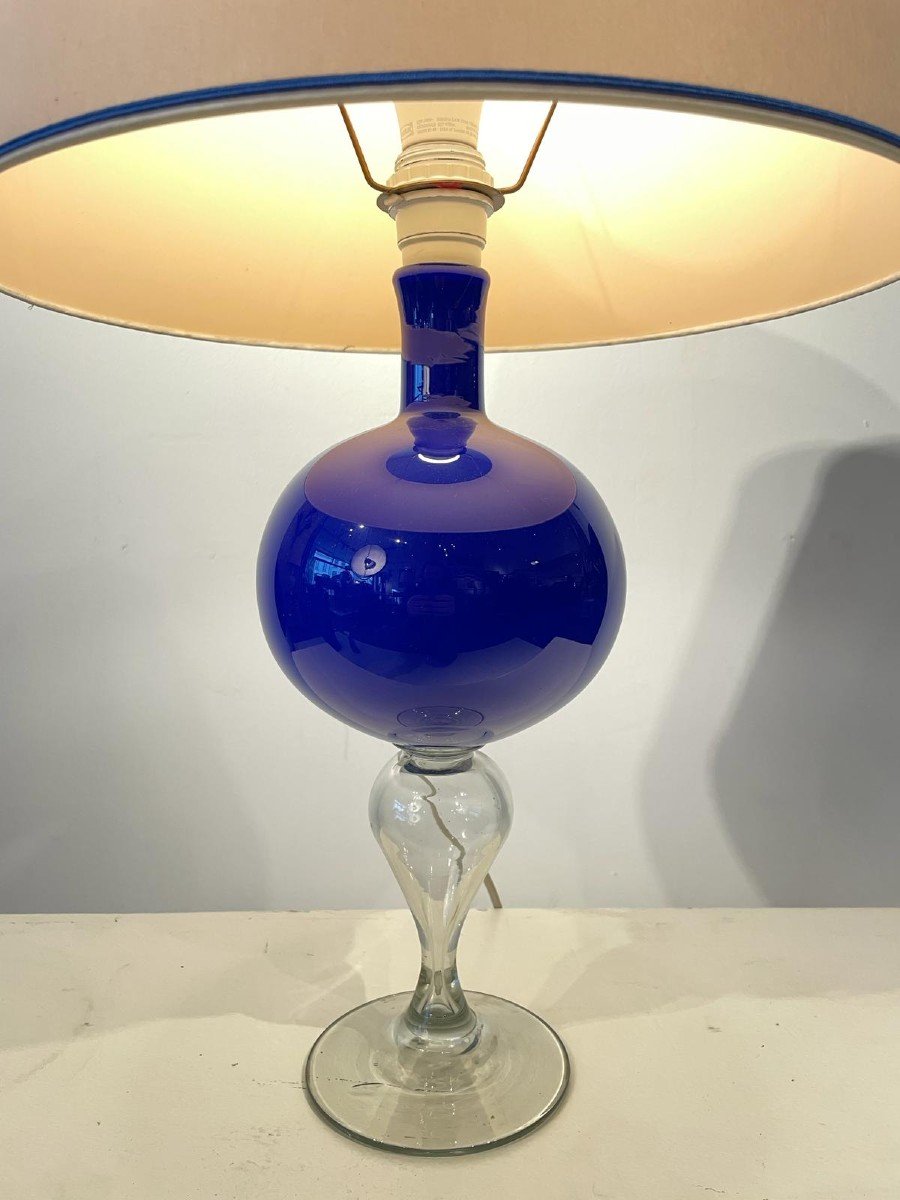 Lampe En Verre De Murano Bleu Et Pied  En Verre Blanc Translucide vers 1960-photo-3
