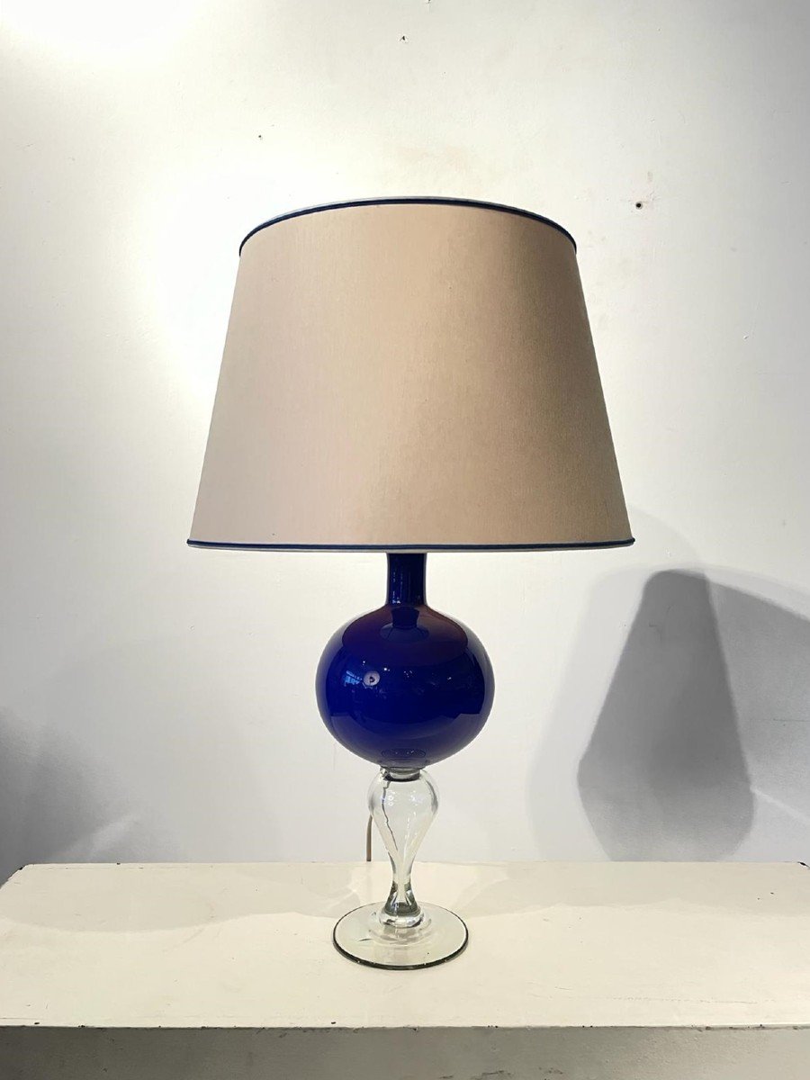 Lampe En Verre De Murano Bleu Et Pied  En Verre Blanc Translucide vers 1960-photo-4