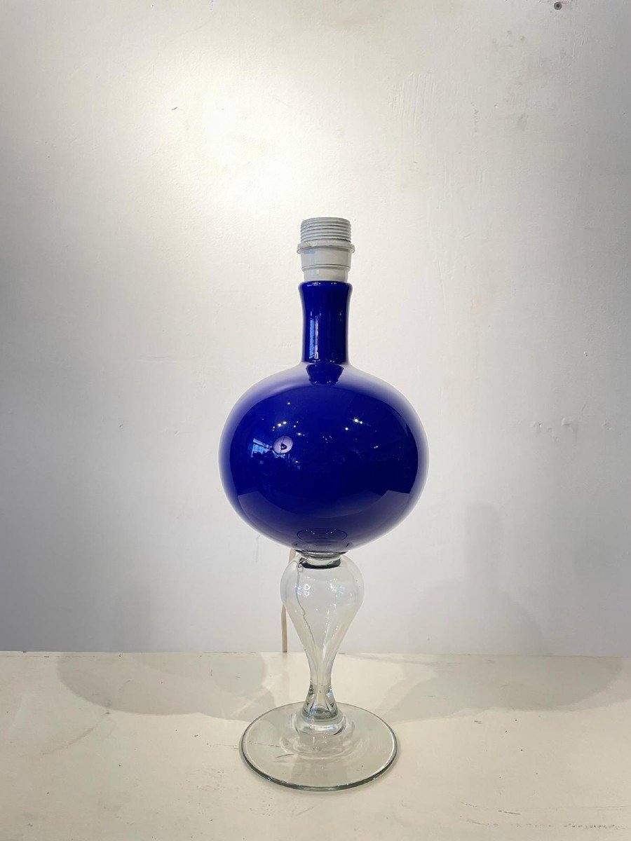 Lampe En Verre De Murano Bleu Et Pied  En Verre Blanc Translucide vers 1960-photo-1
