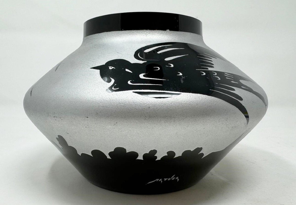 Ardver, Vase Au Hirondelles, Verre Hyalite Dégagé Au Sable, Boom Vers 1930-photo-4