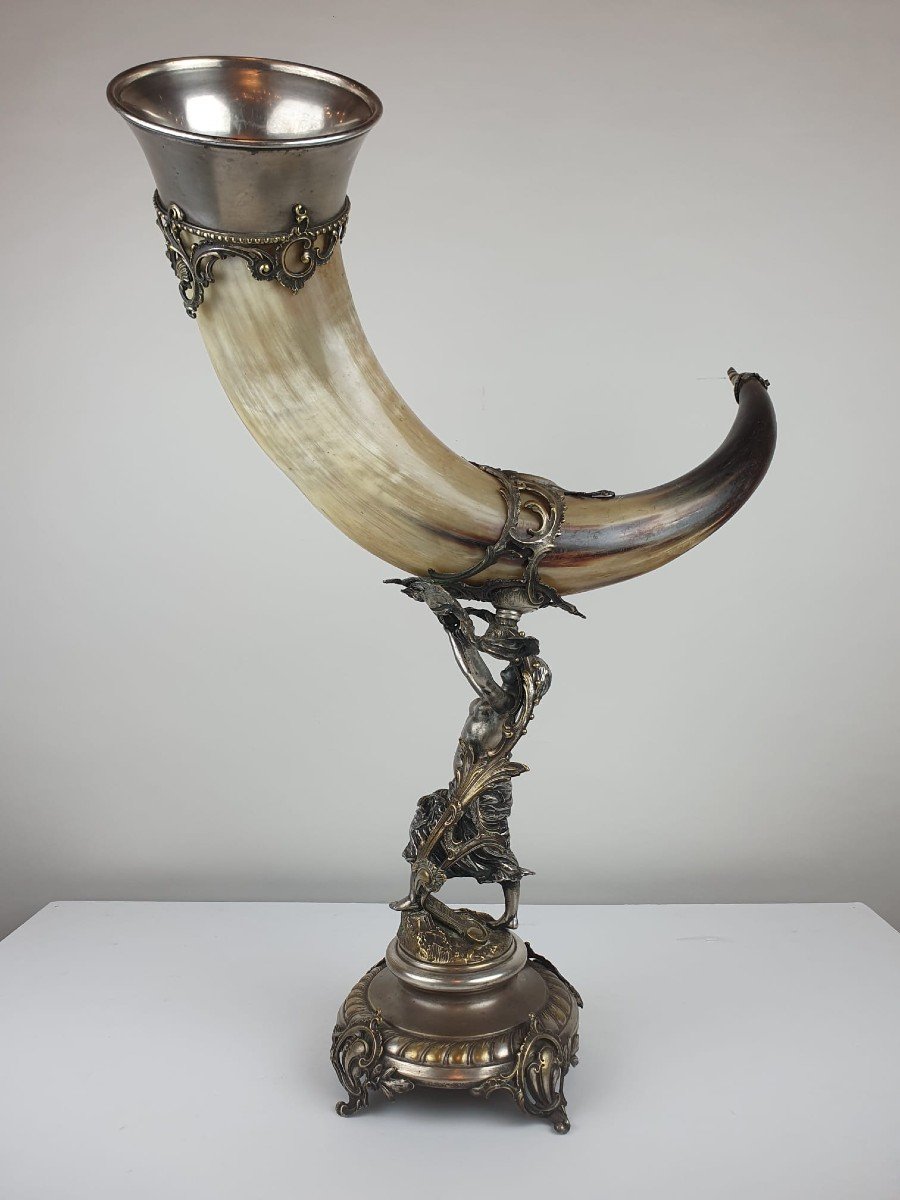 Cornucopia In Horn And Silver Metal, Late 19th-photo-3