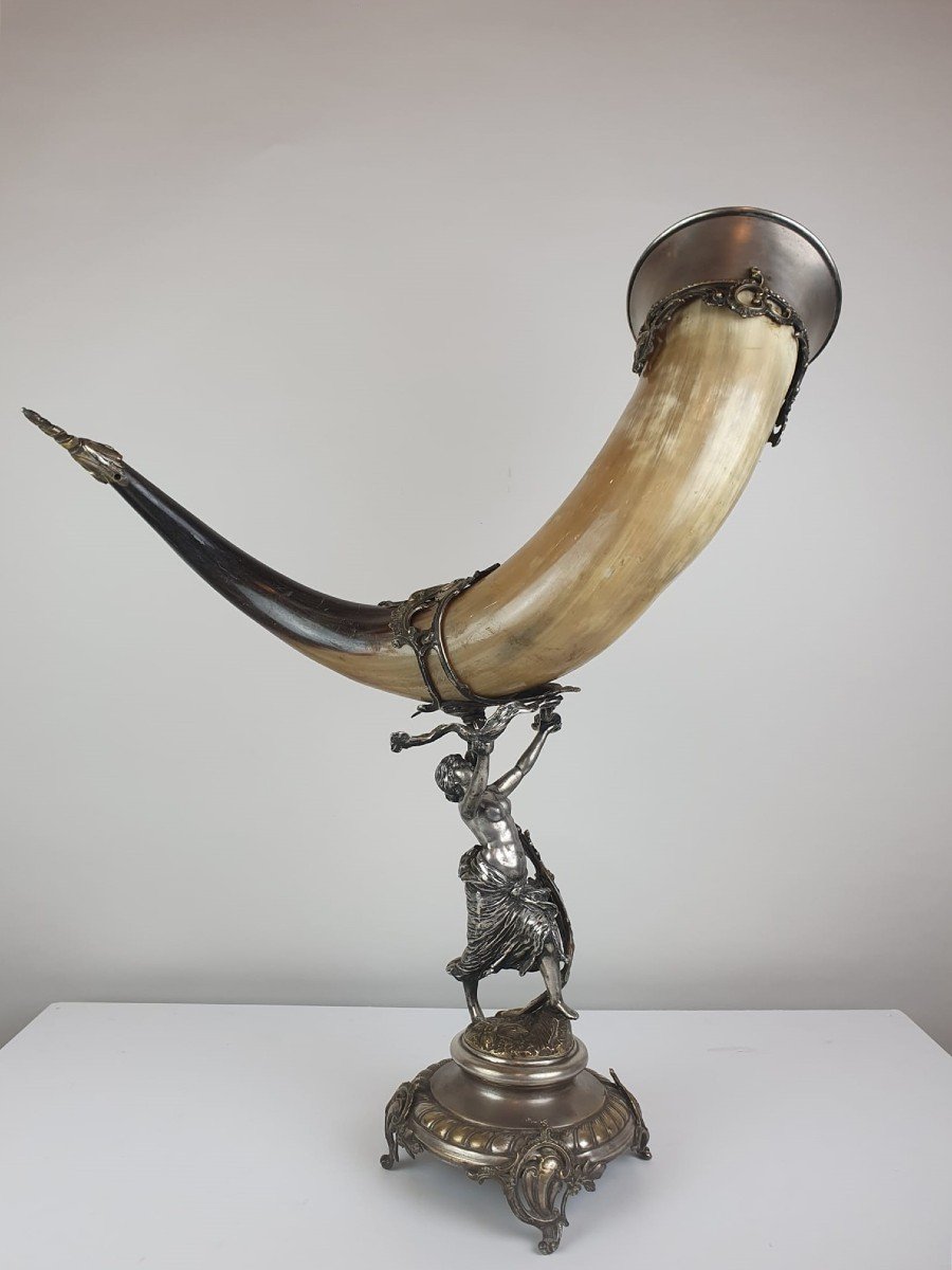 Cornucopia In Horn And Silver Metal, Late 19th
