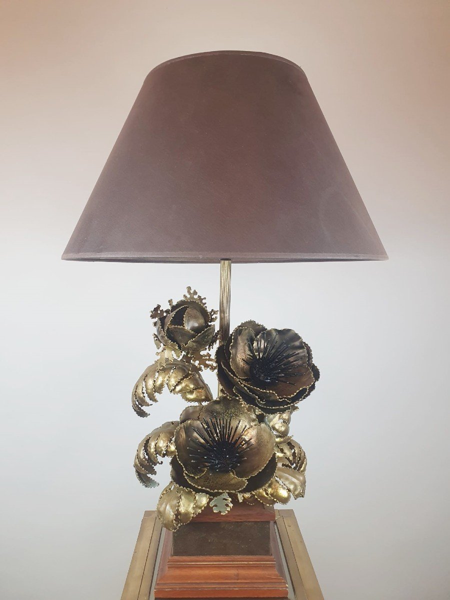Lampe Brutaliste Et Son Socle En Laiton, Vers 1970-photo-3