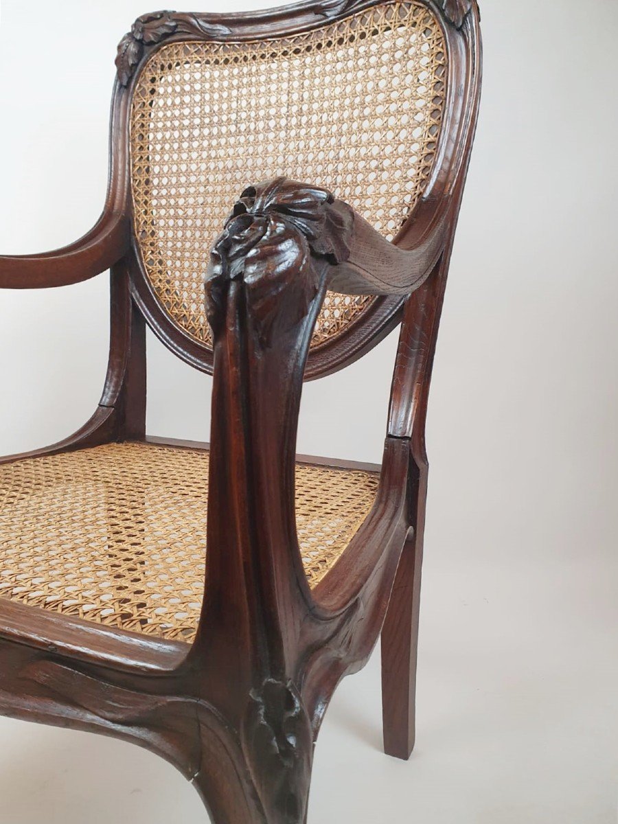 Art Nouveau Armchair In Oak And Canework -photo-2