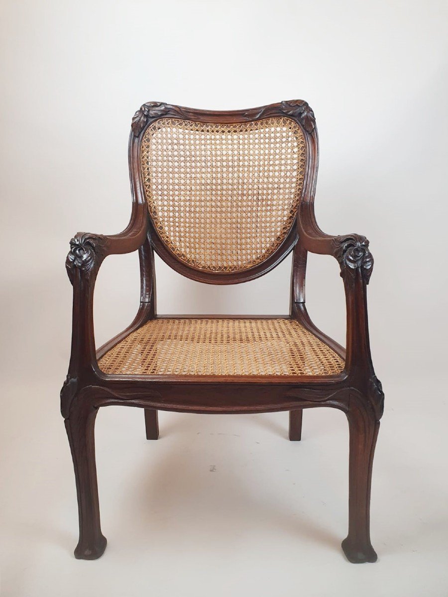 Art Nouveau Armchair In Oak And Canework -photo-2