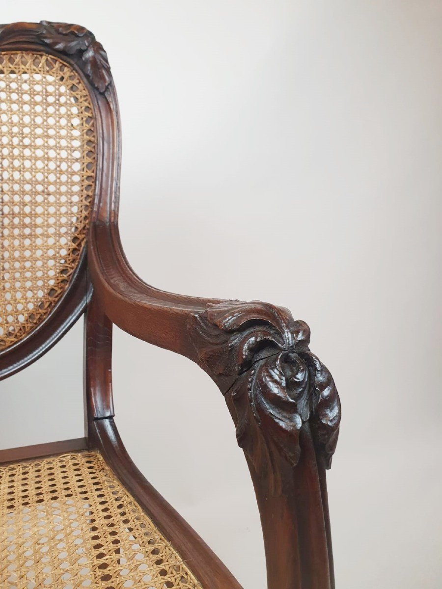 Art Nouveau Armchair In Oak And Canework -photo-3