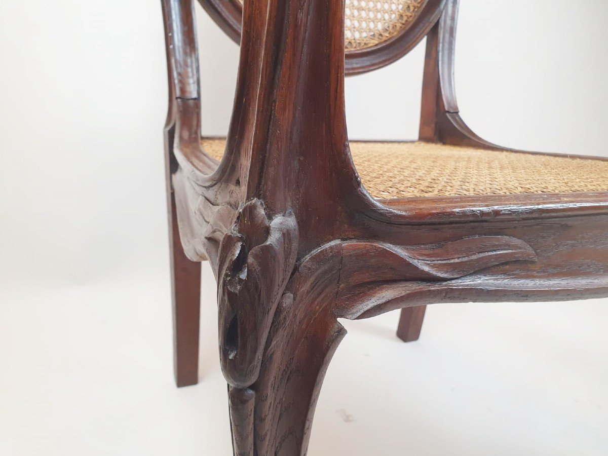 Art Nouveau Armchair In Oak And Canework -photo-4