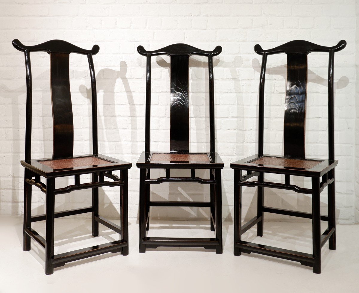 Suite Of 6 Chinese Chairs In Black Lacquered Wood-photo-2