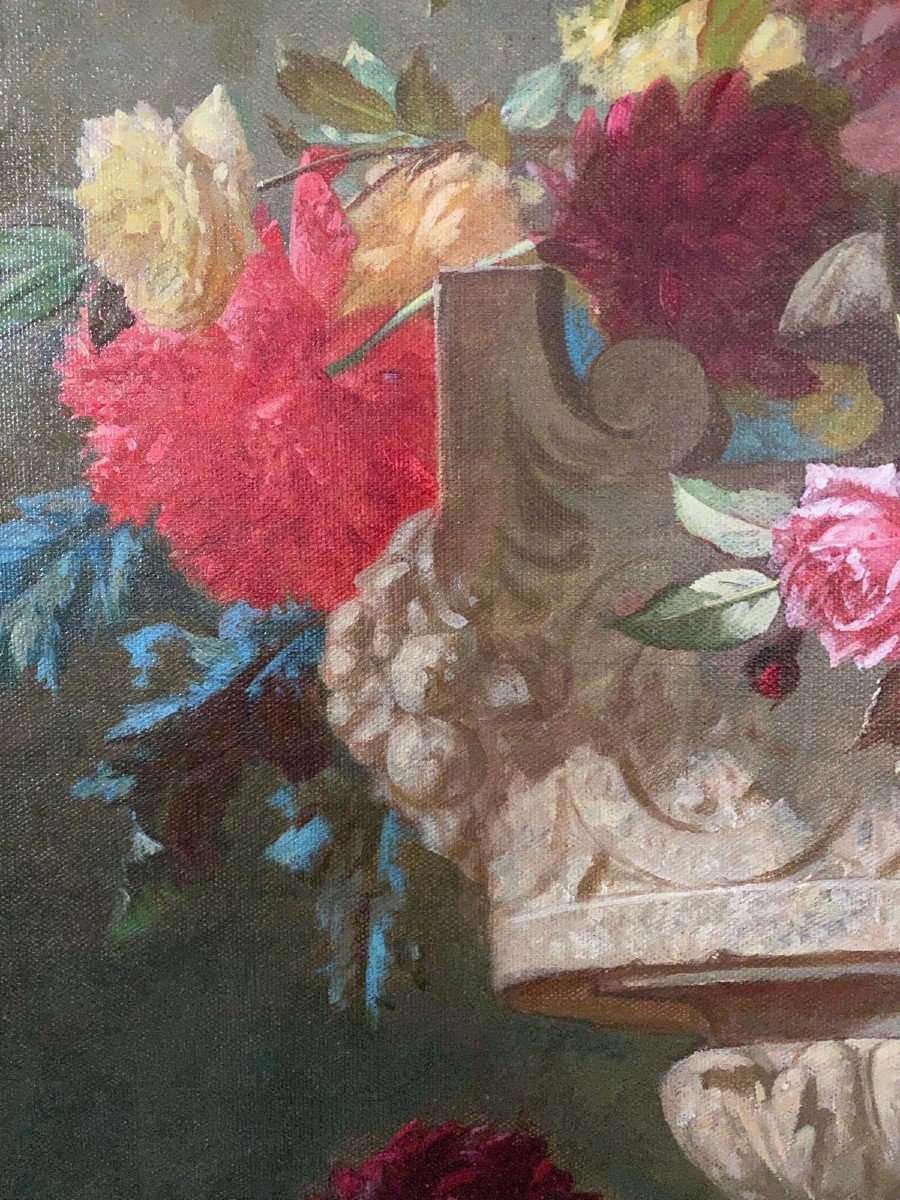 Robie, Importante Huile Sur Toile "nature Morte Aux Fleurs" 19th-photo-3