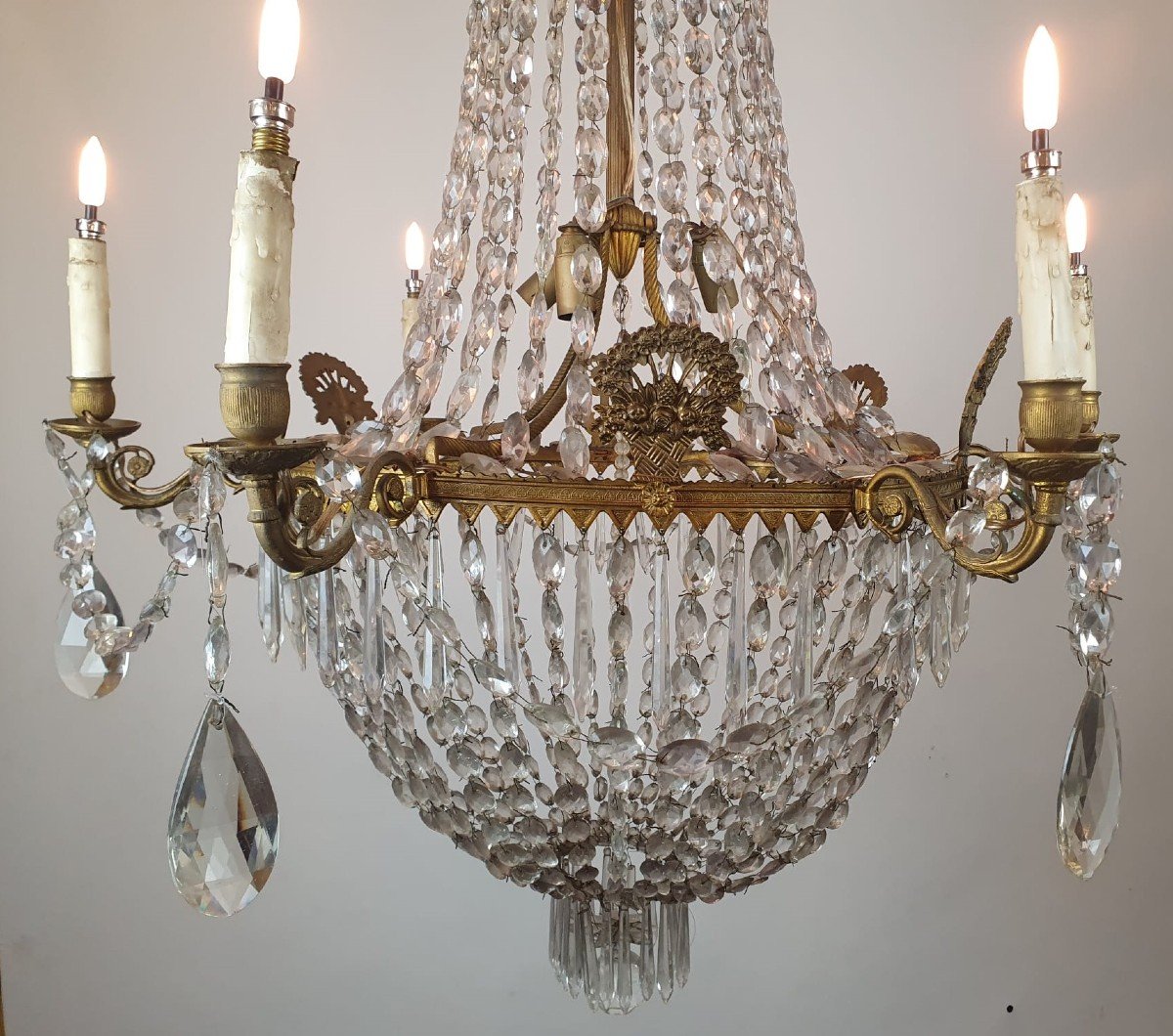 Lustre Sac à Perles En Bronze, Laiton Et Verre, 19th-photo-4