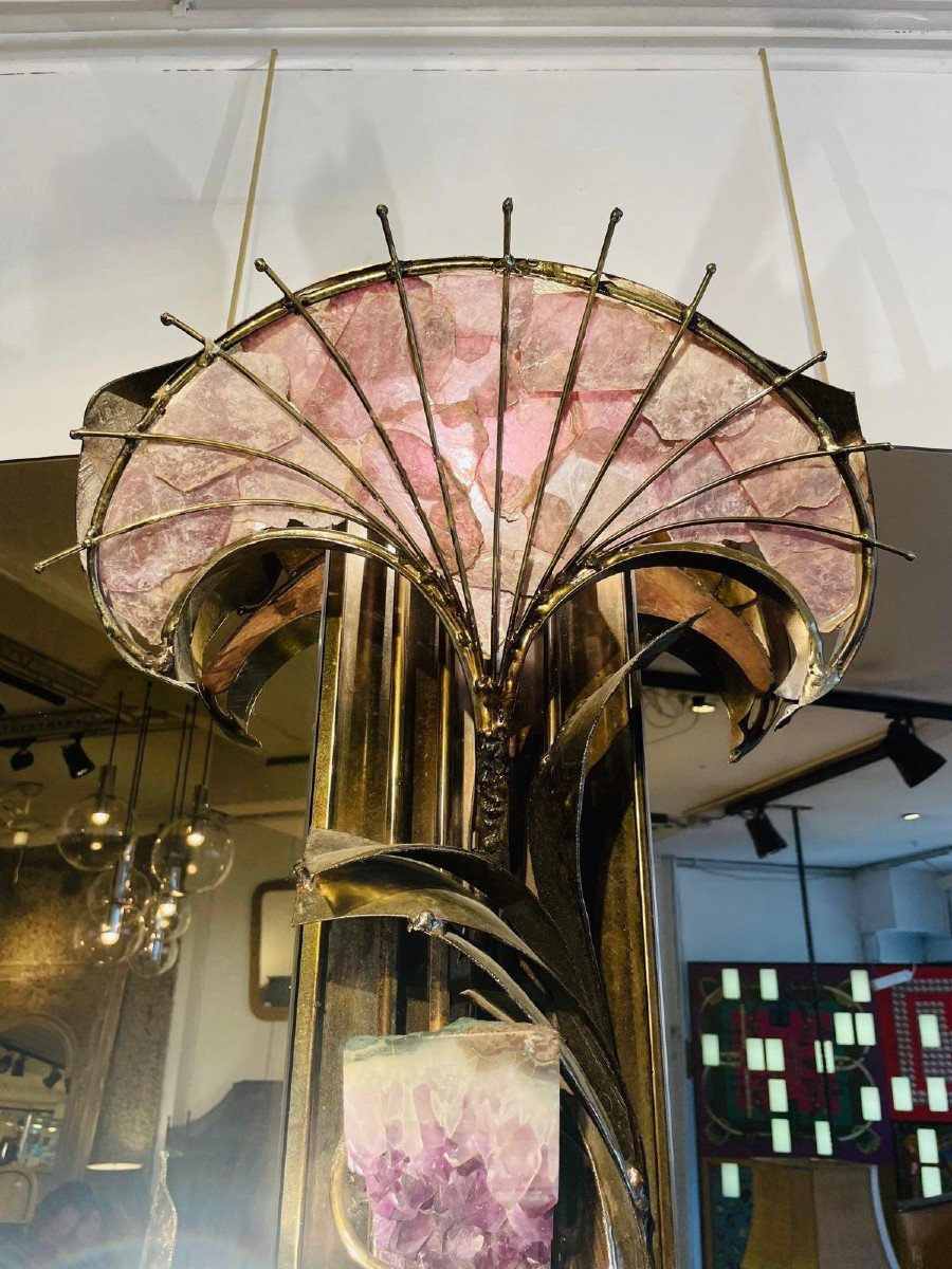 Daniel D’haeseleer, Miroir Laiton,pierre D’agathe Et Verre Fumé Années 70-80’ Signé -photo-4
