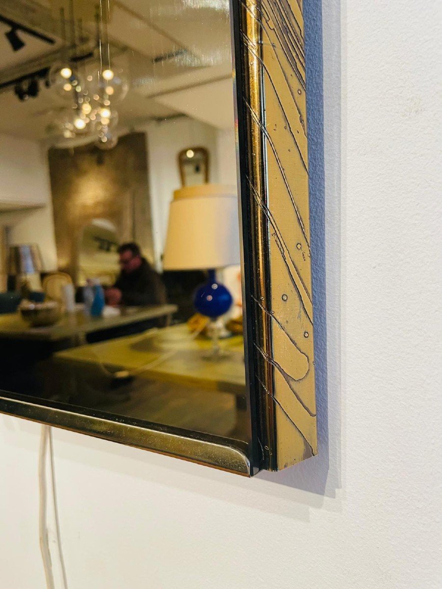 Daniel D’haeseleer, Miroir Laiton,pierre D’agathe Et Verre Fumé Années 70-80’ Signé -photo-2