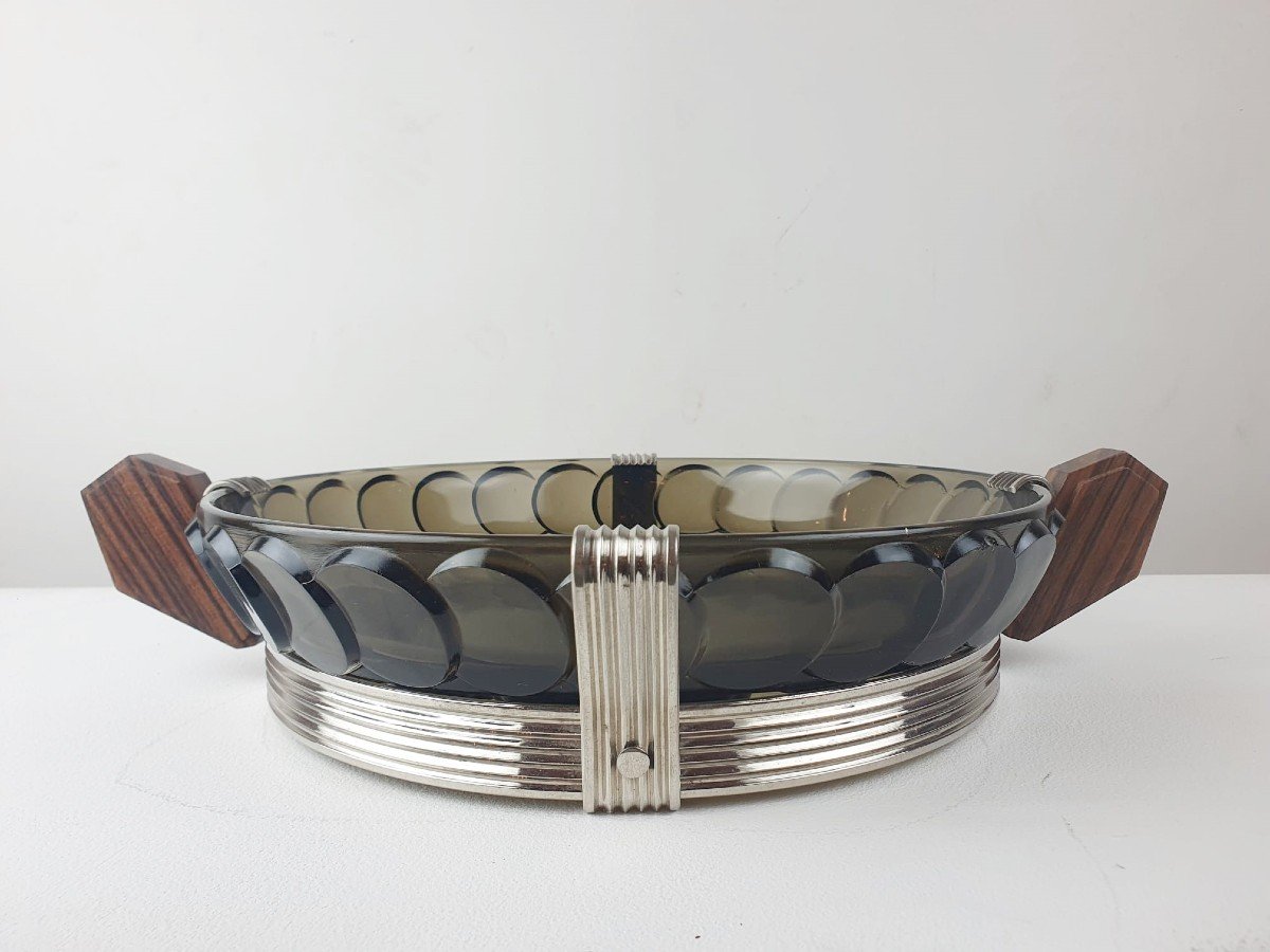 Art Deco Dish In Glass, Chromed Metal And Rosewood-photo-1