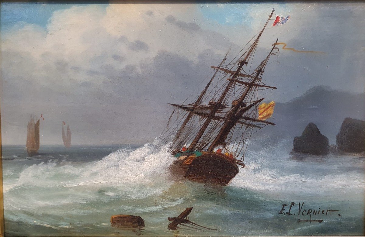 Emile Louis Vernier, école Française 1829 - 1887 Huile Sur Panneau "marine"-photo-2