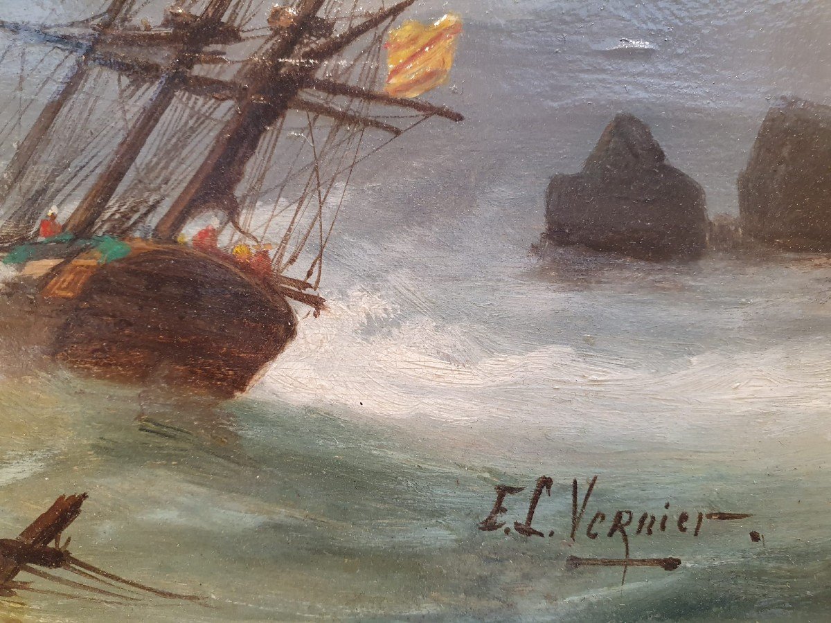 Emile Louis Vernier, école Française 1829 - 1887 Huile Sur Panneau "marine"-photo-4
