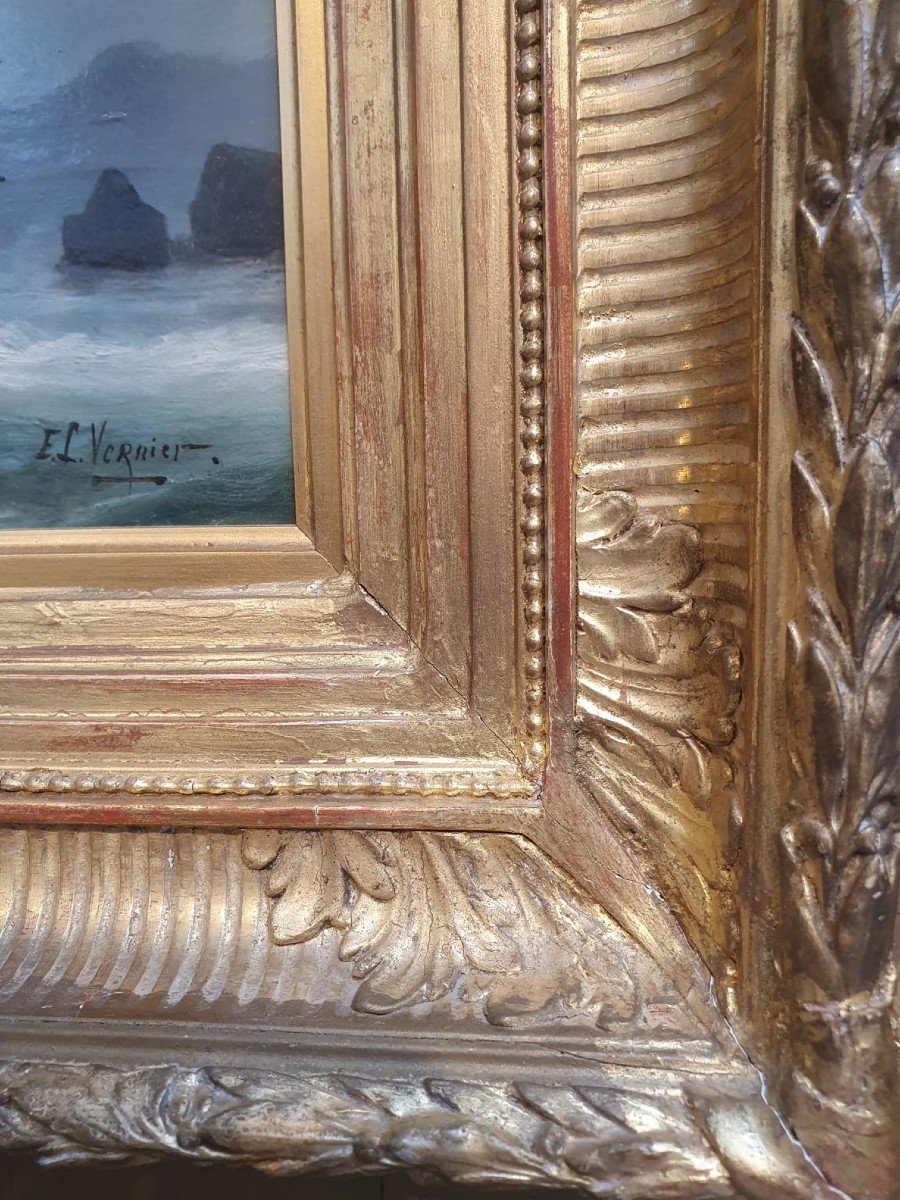 Emile Louis Vernier, école Française 1829 - 1887 Huile Sur Panneau "marine"-photo-3