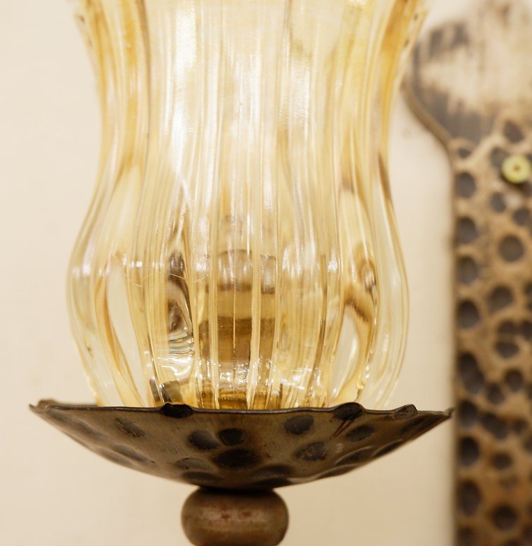 Pair Of Wrought Iron And Glass Wall Lights. -photo-4