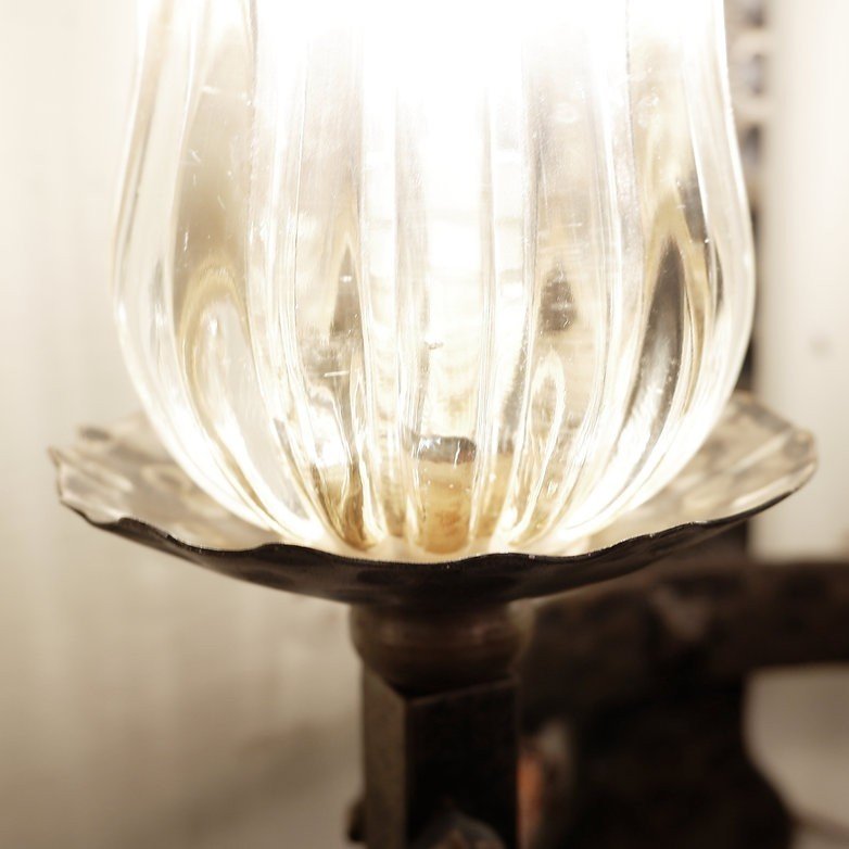 Pair Of Wrought Iron And Glass Wall Lights. -photo-3