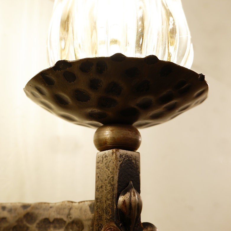 Pair Of Wrought Iron And Glass Wall Lights. -photo-4