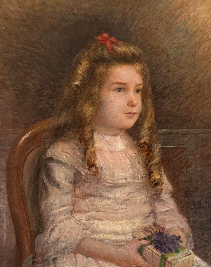 Oil On Canvas "young Girl With Red Ribbon" By Raoul Marie Baligant.-photo-2