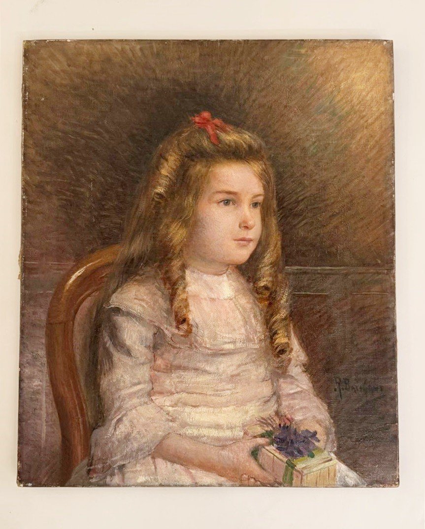 Oil On Canvas "young Girl With Red Ribbon" By Raoul Marie Baligant.