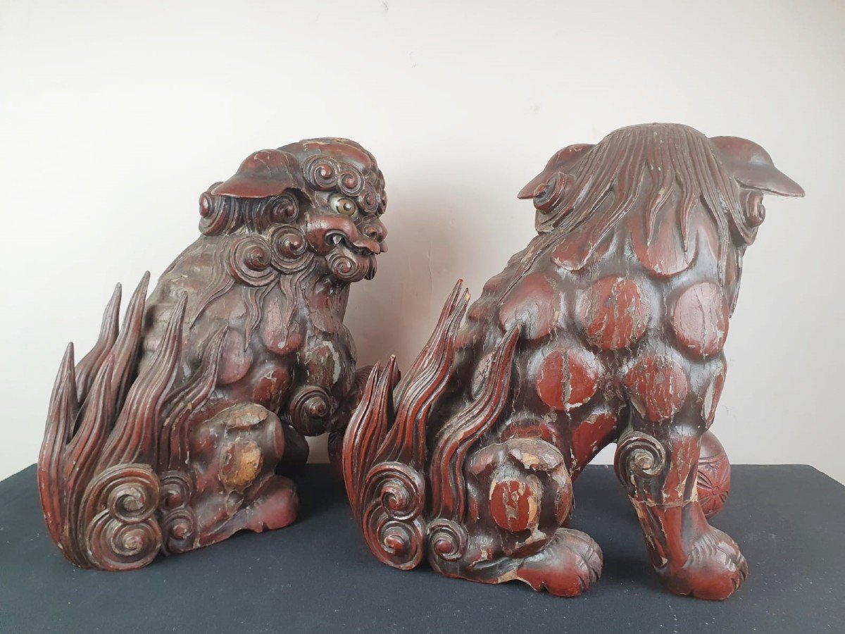 Pair Of Finely Carved Red Lacquered Wood Foo Dogs, China 19th-photo-3