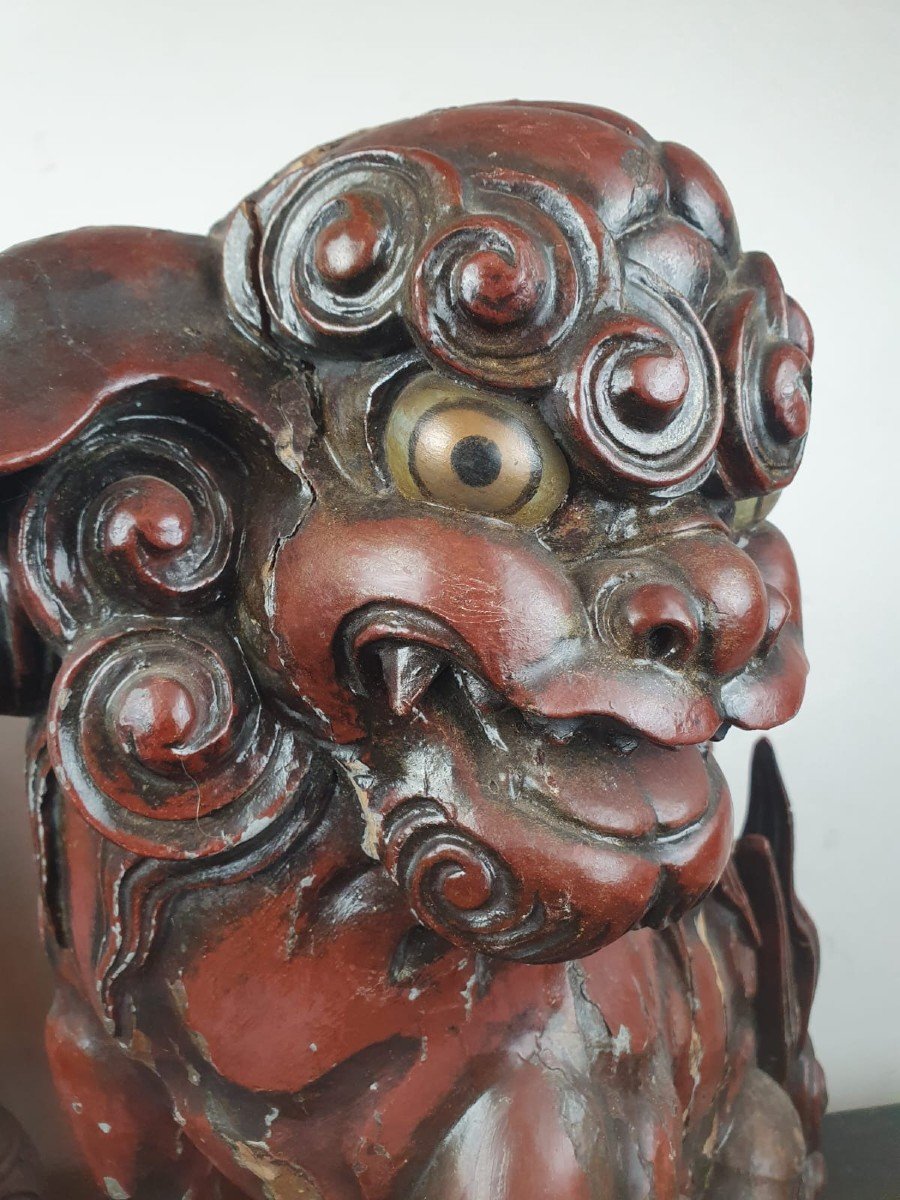 Pair Of Finely Carved Red Lacquered Wood Foo Dogs, China 19th-photo-5