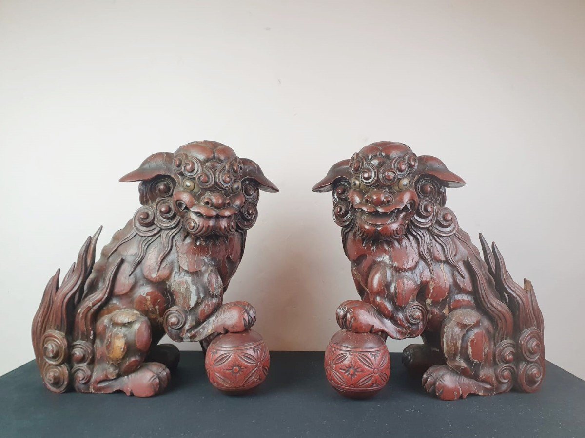 Pair Of Finely Carved Red Lacquered Wood Foo Dogs, China 19th