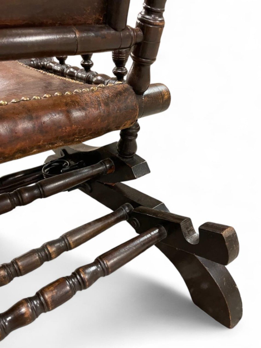 Fauteuil &agrave; Bascule, Bois Patin&eacute; Et Cuir, Travail Anglais Fin 19th-photo-3