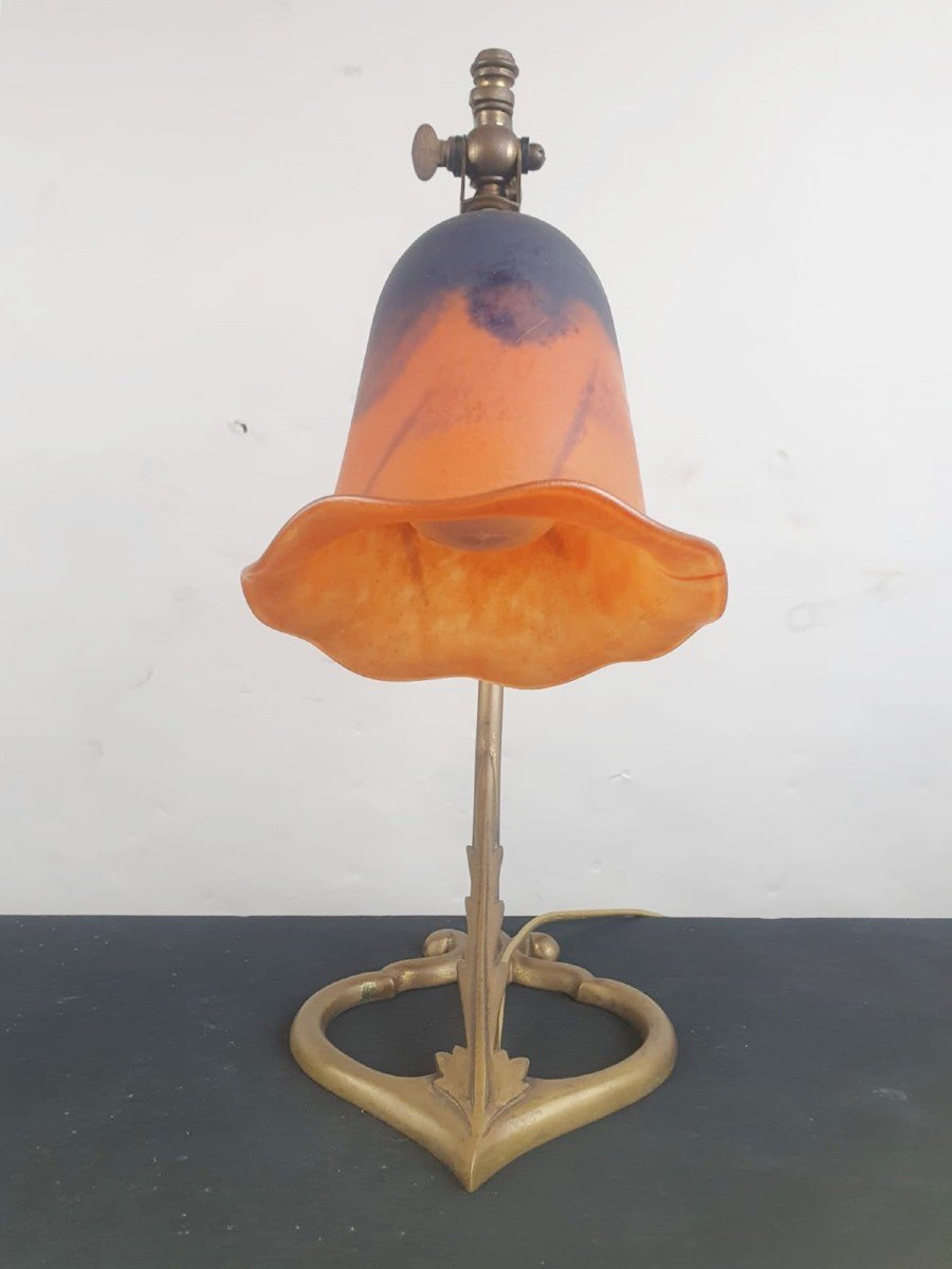 2 Art Nouveau Lamps, Glass Paste Tulips Signed Daum-photo-1