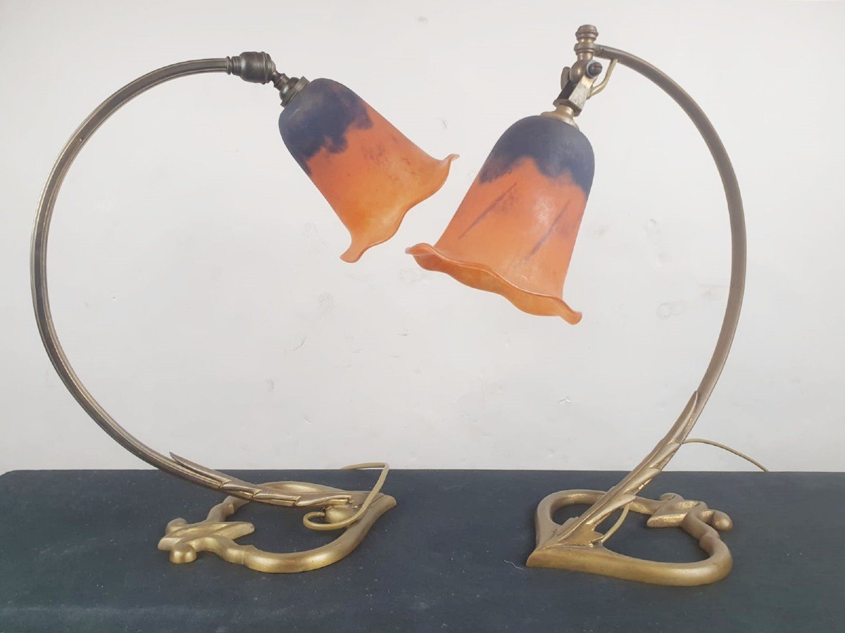 2 Art Nouveau Lamps, Glass Paste Tulips Signed Daum-photo-6