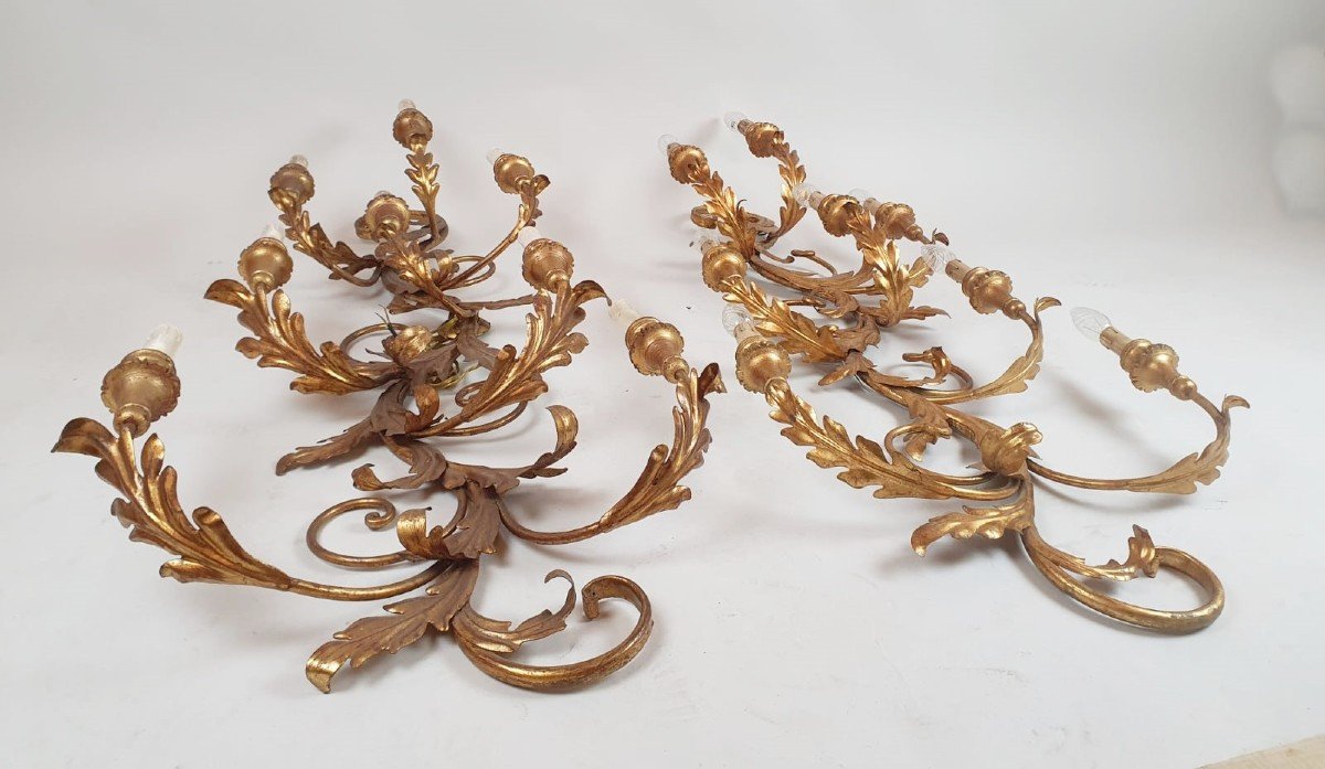 Pair Of Large Wrought Iron And Gilded Sheet Metal Wall Lights, Circa 1960-photo-2