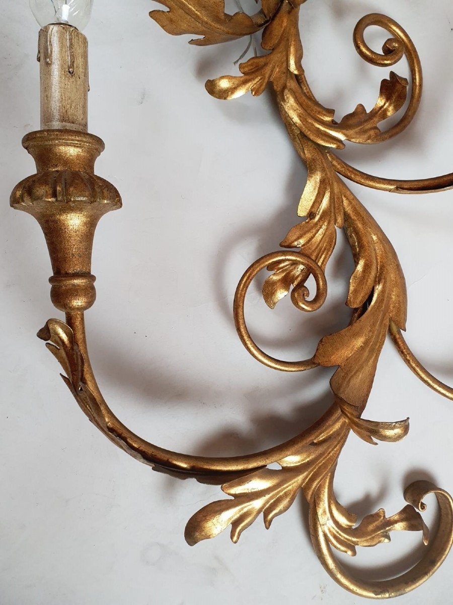 Pair Of Large Wrought Iron And Gilded Sheet Metal Wall Lights, Circa 1960-photo-1
