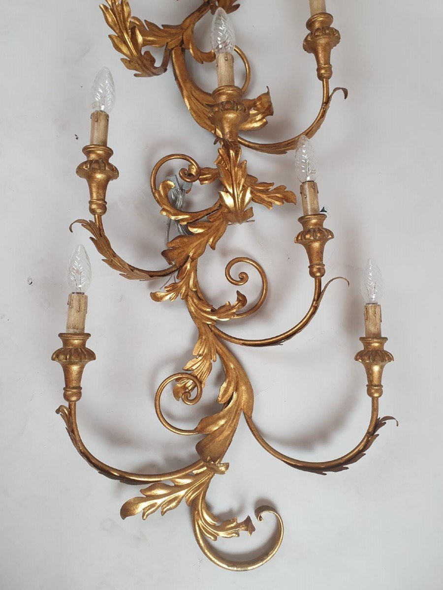Pair Of Large Wrought Iron And Gilded Sheet Metal Wall Lights, Circa 1960-photo-3