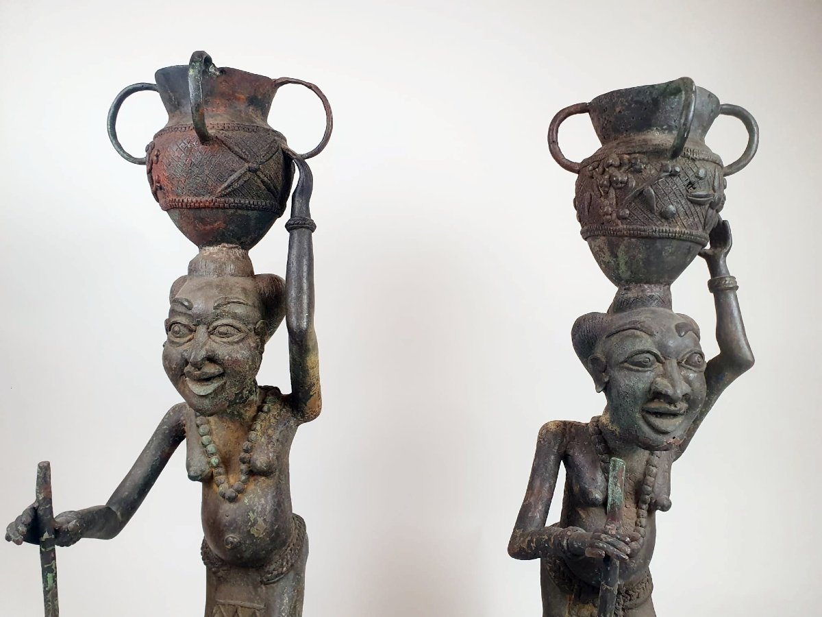Pair Of Bronze "tikar" Sculptures, African Work, Circa 1940-photo-2