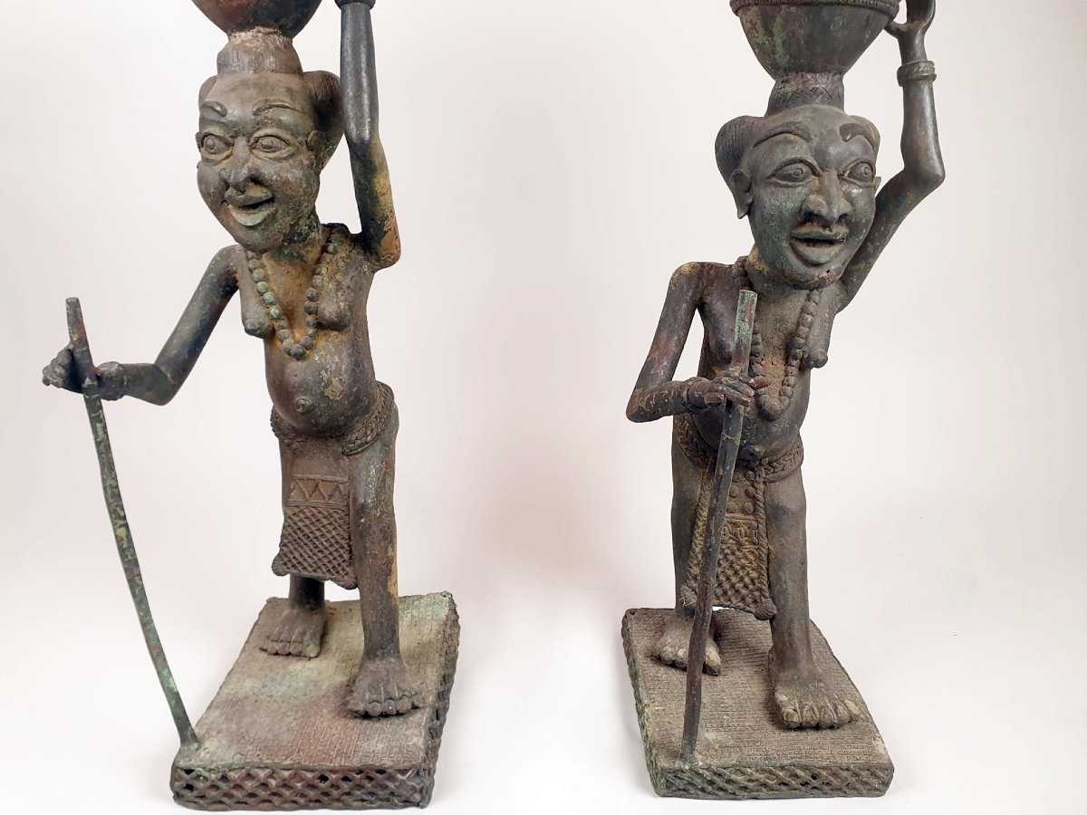 Pair Of Bronze "tikar" Sculptures, African Work, Circa 1940-photo-3