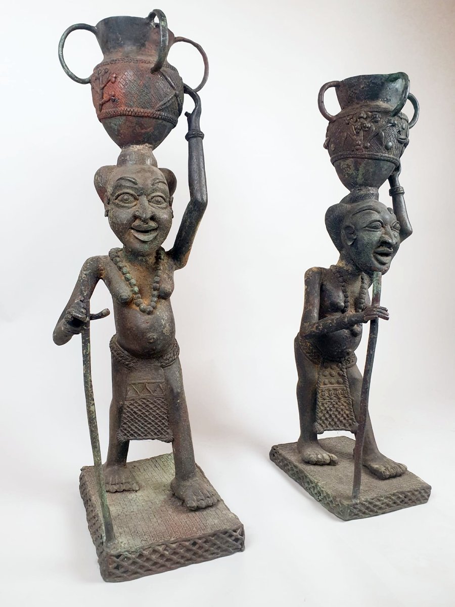 Pair Of Bronze "tikar" Sculptures, African Work, Circa 1940-photo-4