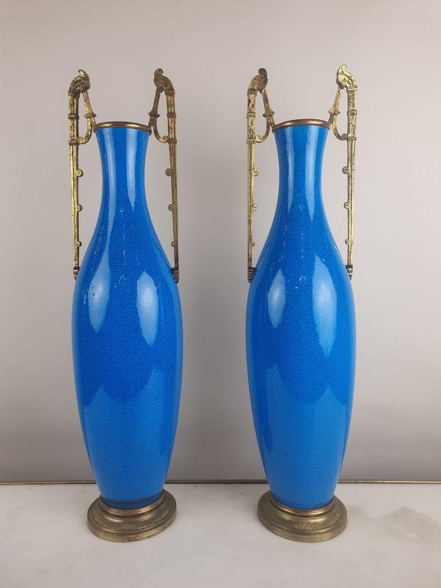 Pair Of Ceramic Vases With Bronze Mounts, Paris 19th Century