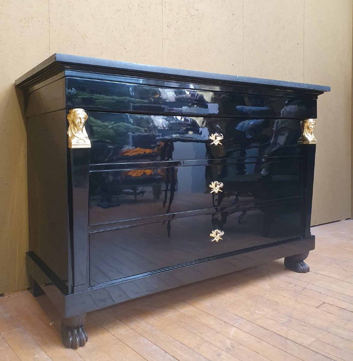 Empire Chest Of Drawers In Black Lacquered Wood, 19th Century-photo-4