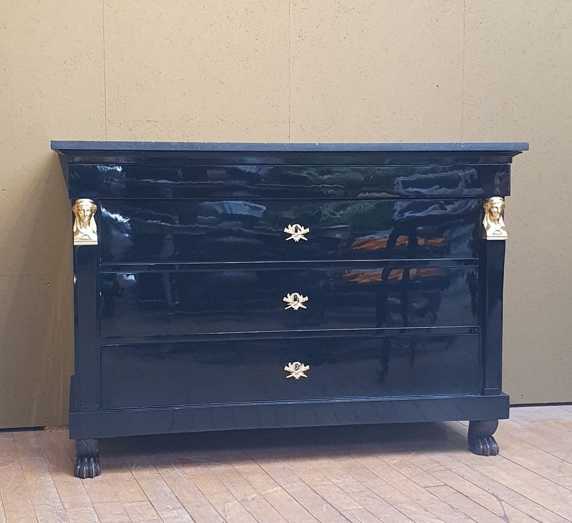 Empire Chest Of Drawers In Black Lacquered Wood, 19th Century