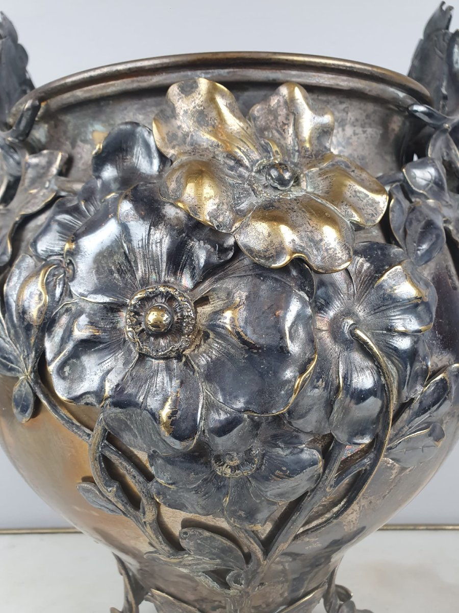 Cache Pot Art Nouveau En Laiton Argenté, Vers 1900-photo-4