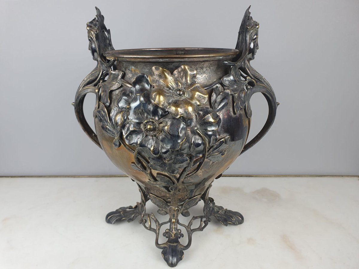 Cache Pot Art Nouveau En Laiton Argenté, Vers 1900-photo-5