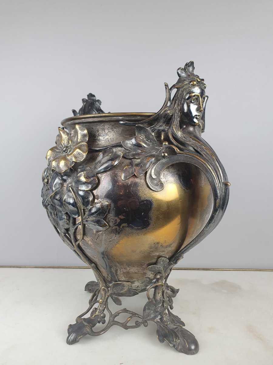 Cache Pot Art Nouveau En Laiton Argenté, Vers 1900-photo-6